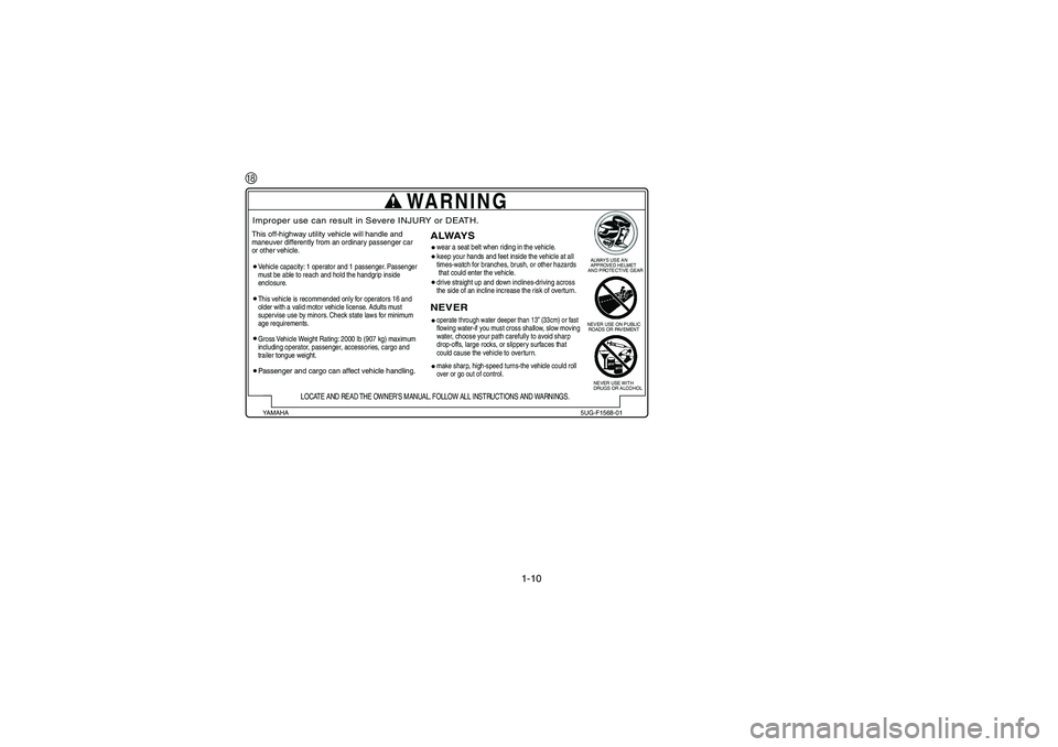 YAMAHA RHINO 660 2007 Owners Guide 1-10
H
  ALWAYS USE AN
  APPROVED HELMET
AND PROTECTIVE GEAR
NEVER USE ON PUBLIC   
 ROADS OR PAVEMENT
NEVER USE WITH
DRUGS OR ALCOHOL
WARNING
This off-highway utility vehicle will handle andmaneuver 