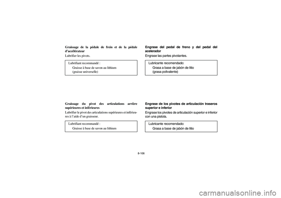 YAMAHA RHINO 660 2007  Owners Manual 8-106
FVU00900
Graissage de la pédale de frein et de la pédale
d’accélérateur
Lubrifier les pivots.
FVU00910
Graissage du pivot des articulations arrière
supérieures et inférieures
Lubrifier 
