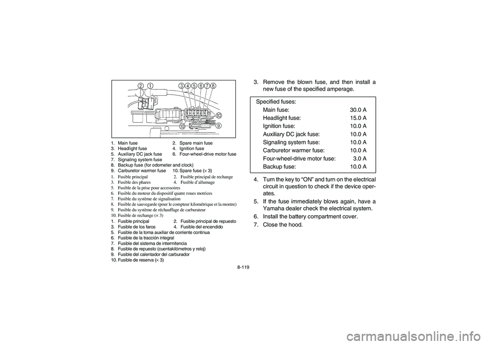YAMAHA RHINO 660 2007  Notices Demploi (in French) 8-119 1. Main fuse 2. Spare main fuse
3. Headlight fuse 4. Ignition fuse
5. Auxiliary DC jack fuse 6. Four-wheel-drive motor fuse
7. Signaling system fuse
8. Backup fuse (for odometer and clock)
9. Ca