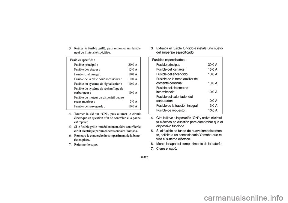 YAMAHA RHINO 660 2007 Owners Manual 8-120
3. Retirer le fusible grillé, puis remonter un fusible
neuf de l’intensité spécifiée.
4. Tourner la clé sur “ON”, puis allumer le circuit
électrique en question afin de contrôler si YAMAHA RHINO 660 2007 Owners Manual 8-120
3. Retirer le fusible grillé, puis remonter un fusible
neuf de l’intensité spécifiée.
4. Tourner la clé sur “ON”, puis allumer le circuit
électrique en question afin de contrôler si