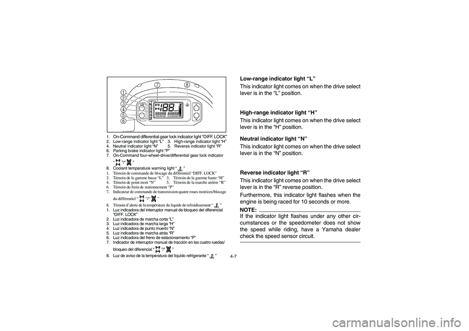 YAMAHA RHINO 660 2007  Notices Demploi (in French) 4-7
1.
On-Command differential gear lock indicator light “DIFF. LOCK”
2. Low-range indicator light “L”3. High-range indicator light “H”
4. Neutral indicator light “N”5. Reverse indicat