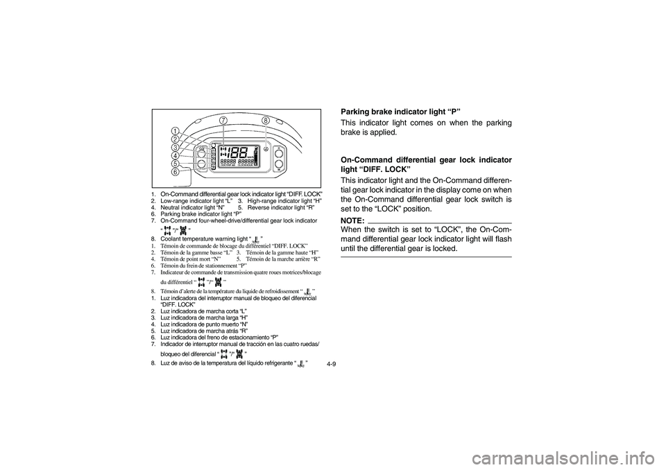 YAMAHA RHINO 660 2007 Notices Demploi (in French) 4-9
1.
On-Command differential gear lock indicator light “DIFF. LOCK”
2. Low-range indicator light “L”3. High-range indicator light “H”
4. Neutral indicator light “N”5. Reverse indicat YAMAHA RHINO 660 2007 Notices Demploi (in French) 4-9
1.
On-Command differential gear lock indicator light “DIFF. LOCK”
2. Low-range indicator light “L”3. High-range indicator light “H”
4. Neutral indicator light “N”5. Reverse indicat