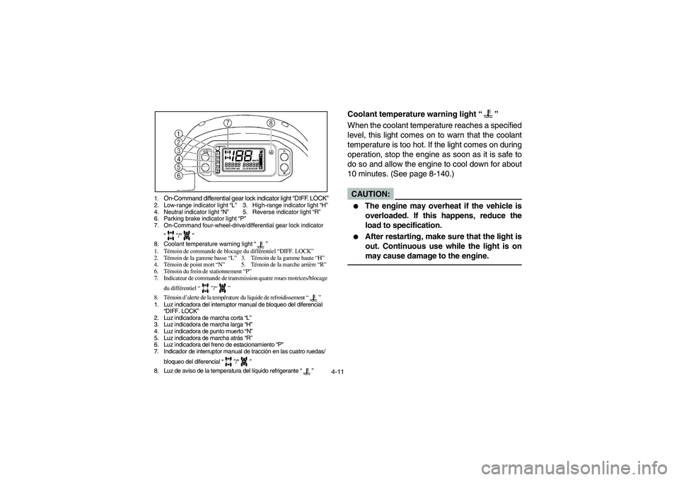 YAMAHA RHINO 660 2007  Notices Demploi (in French) 4-11
1.
On-Command differential gear lock indicator light “DIFF. LOCK”
2. Low-range indicator light “L”3. High-range indicator light “H”
4. Neutral indicator light “N”5. Reverse indica