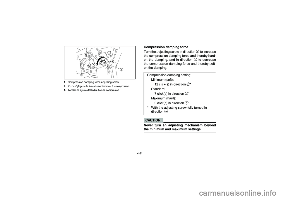 YAMAHA RHINO 660 2007 Manuale de Empleo (in Spanish) 4-81 1. Compression damping force adjusting screw
1. Vis de réglage de la force d’amortissement à la compression
1. Tornillo de ajuste del hidráulico de compresión
Compression damping force
Turn YAMAHA RHINO 660 2007 Manuale de Empleo (in Spanish) 4-81 1. Compression damping force adjusting screw
1. Vis de réglage de la force d’amortissement à la compression
1. Tornillo de ajuste del hidráulico de compresión
Compression damping force
Turn