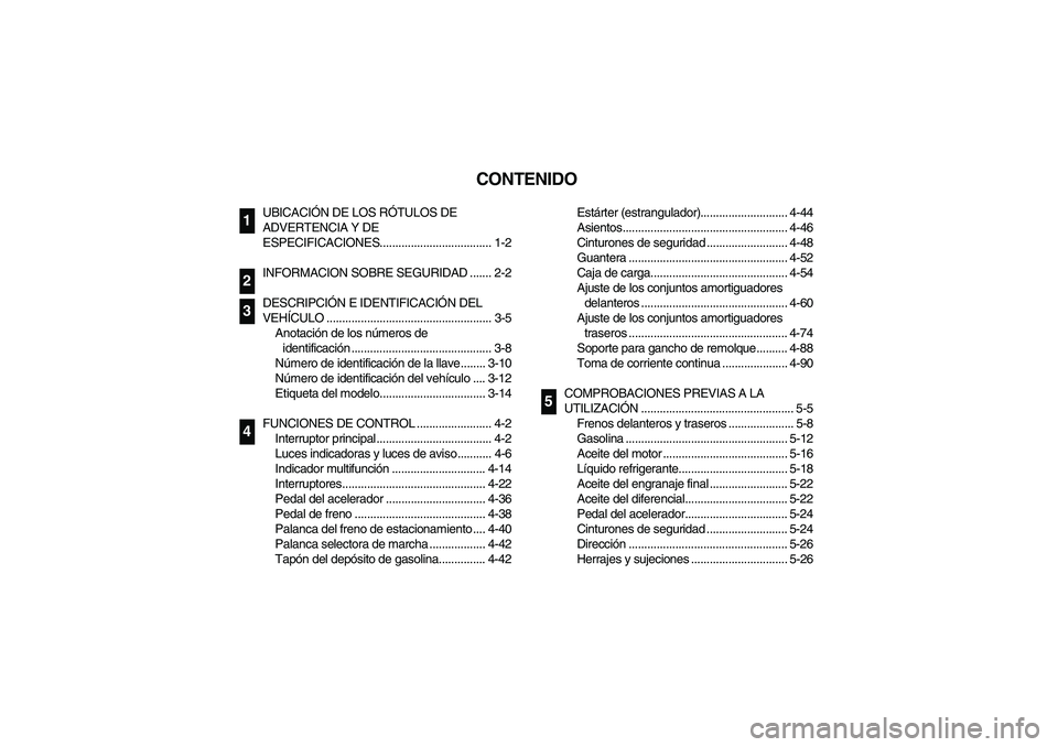 YAMAHA RHINO 660 2007 Manuale de Empleo (in Spanish) SVU00050
CONTENIDO
UBICACIÓN DE LOS RÓTULOS DE
ADVERTENCIA Y DE
ESPECIFICACIONES.................................... 1-2
INFORMACION SOBRE SEGURIDAD ....... 2-2
DESCRIPCIÓN E IDENTIFICACIÓN DEL YAMAHA RHINO 660 2007 Manuale de Empleo (in Spanish) SVU00050
CONTENIDO
UBICACIÓN DE LOS RÓTULOS DE
ADVERTENCIA Y DE
ESPECIFICACIONES.................................... 1-2
INFORMACION SOBRE SEGURIDAD ....... 2-2
DESCRIPCIÓN E IDENTIFICACIÓN DEL