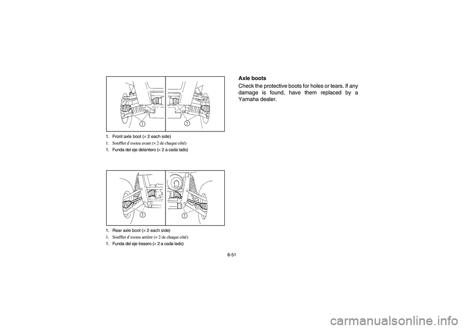 YAMAHA RHINO 660 2007 Manuale de Empleo (in Spanish) 8-51 1. Front axle boot (× 2 each side)
1. Soufflet d’essieu avant (× 2 de chaque côté)
1. Funda del eje delantero (× 2 a cada lado)
1. Rear axle boot (× 2 each side)
1. Soufflet d’essieu ar YAMAHA RHINO 660 2007 Manuale de Empleo (in Spanish) 8-51 1. Front axle boot (× 2 each side)
1. Soufflet d’essieu avant (× 2 de chaque côté)
1. Funda del eje delantero (× 2 a cada lado)
1. Rear axle boot (× 2 each side)
1. Soufflet d’essieu ar