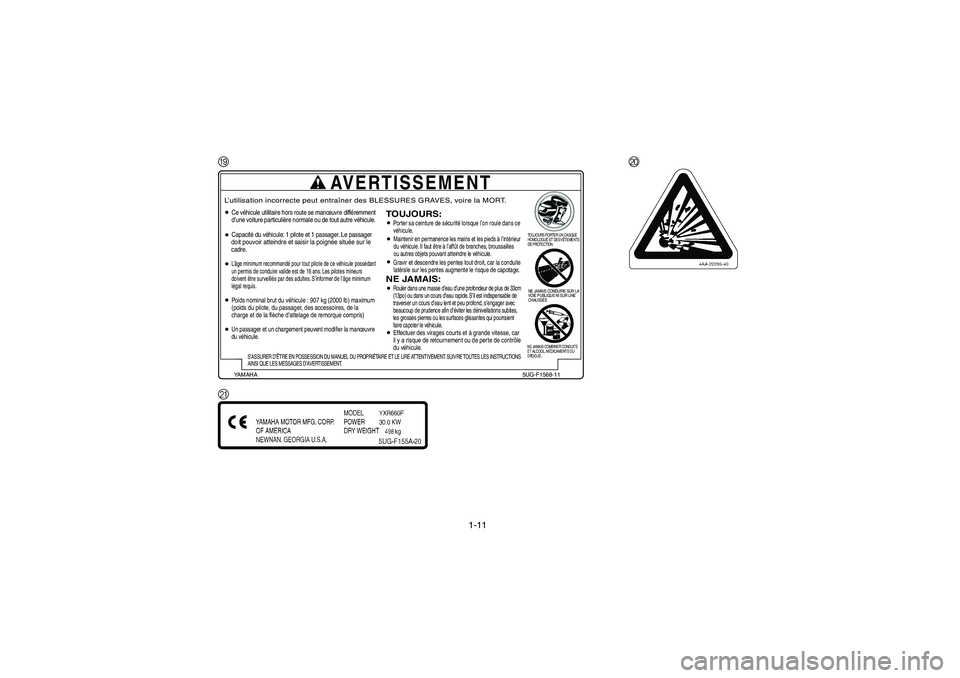 YAMAHA RHINO 660 2007  Manuale de Empleo (in Spanish) 1-11
IJ
K
TOUJOURS PORTER UN CASQUE 
HOMOLOGUÉ ET DES VÊTEMENTS 
DE PROTECTION.NE JAMAIS CONDUIRE SUR LA 
VOIE PUBLIQUE NI SUR UNE 
CHAUSSÉE.NE JAMAIS COMBINER CONDUITE 
ET ALCOOL, MÉDICAMENTS OU 