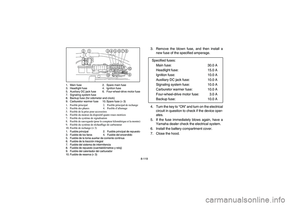 YAMAHA RHINO 660 2007  Manuale de Empleo (in Spanish) 8-119 1. Main fuse 2. Spare main fuse
3. Headlight fuse 4. Ignition fuse
5. Auxiliary DC jack fuse 6. Four-wheel-drive motor fuse
7. Signaling system fuse
8. Backup fuse (for odometer and clock)
9. Ca