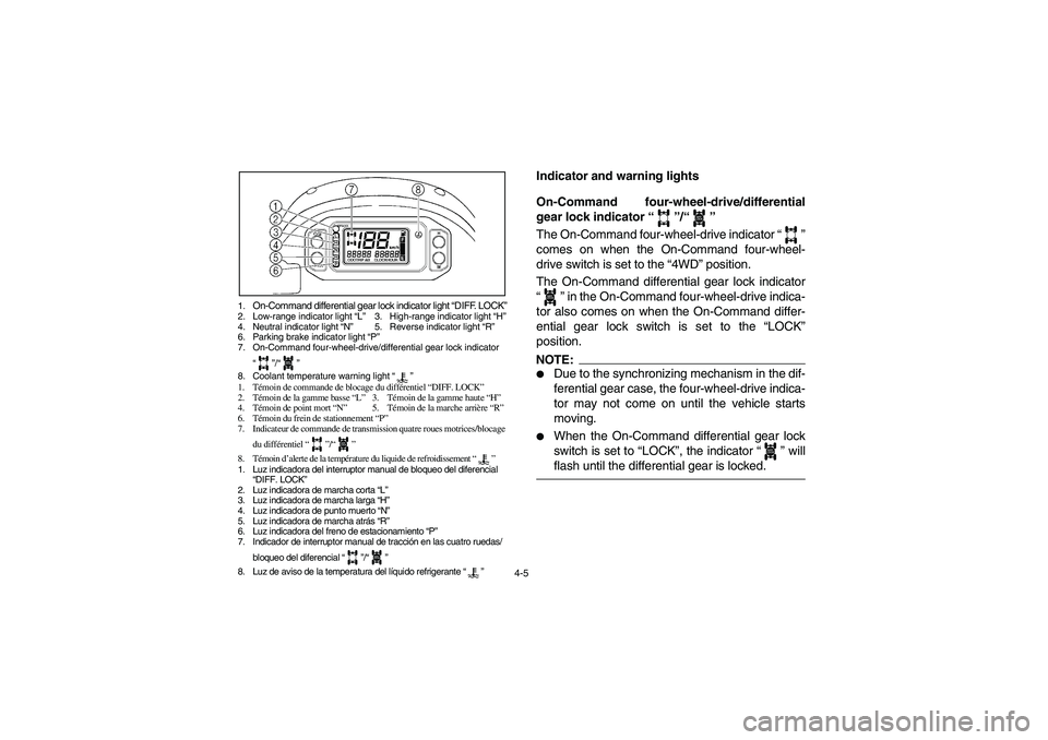 YAMAHA RHINO 660 2007  Manuale de Empleo (in Spanish) 4-5
1.
On-Command differential gear lock indicator light “DIFF. LOCK”
2. Low-range indicator light “L”3. High-range indicator light “H”
4. Neutral indicator light “N”5. Reverse indicat