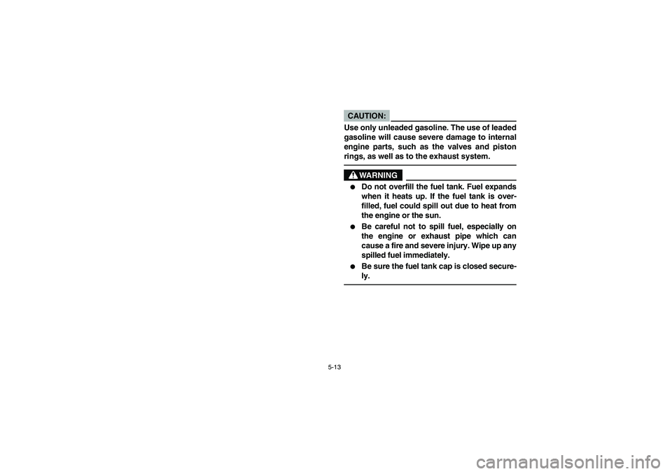 YAMAHA RHINO 660 2006  Owners Manual 5-13
CAUTION:_ Use only unleaded gasoline. The use of leaded
gasoline will cause severe damage to internal
engine parts, such as the valves and piston
rings, as well as to the exhaust system. _
WARNIN