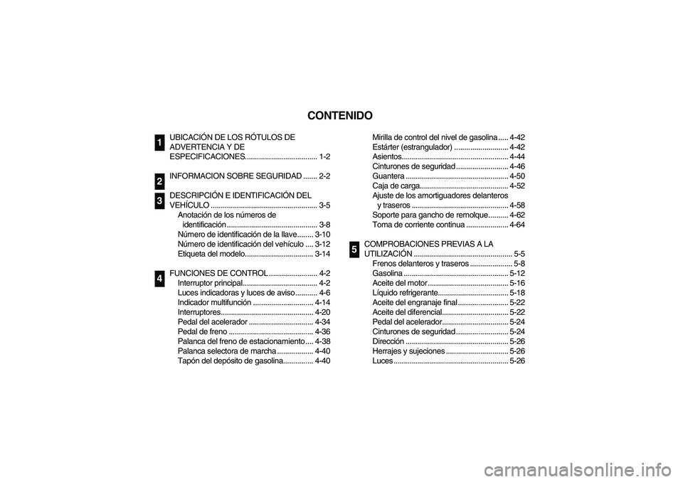 YAMAHA RHINO 660 2006 Notices Demploi (in French) SVU00050
CONTENIDO
UBICACIÓN DE LOS RÓTULOS DE
ADVERTENCIA Y DE
ESPECIFICACIONES.................................... 1-2
INFORMACION SOBRE SEGURIDAD ....... 2-2
DESCRIPCIÓN E IDENTIFICACIÓN DEL YAMAHA RHINO 660 2006 Notices Demploi (in French) SVU00050
CONTENIDO
UBICACIÓN DE LOS RÓTULOS DE
ADVERTENCIA Y DE
ESPECIFICACIONES.................................... 1-2
INFORMACION SOBRE SEGURIDAD ....... 2-2
DESCRIPCIÓN E IDENTIFICACIÓN DEL