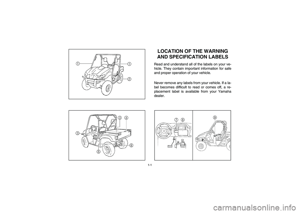 YAMAHA RHINO 660 2006 Notices Demploi (in French) 1-1
EVU00060
1-LOCATION OF THE WARNING
AND SPECIFICATION LABELSRead and understand all of the labels on your ve-
hicle. They contain important information for safe
and proper operation of your vehicl YAMAHA RHINO 660 2006 Notices Demploi (in French) 1-1
EVU00060
1-LOCATION OF THE WARNING
AND SPECIFICATION LABELSRead and understand all of the labels on your ve-
hicle. They contain important information for safe
and proper operation of your vehicl