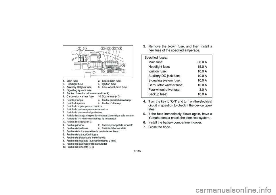 YAMAHA RHINO 660 2006 Owners Manual 8-115 1. Main fuse 2. Spare main fuse
3. Headlight fuse 4. Ignition fuse
5. Auxiliary DC jack fuse 6. Four-wheel-drive fuse
7. Signaling system fuse
8. Backup fuse (for odometer and clock)
9. Carburet YAMAHA RHINO 660 2006 Owners Manual 8-115 1. Main fuse 2. Spare main fuse
3. Headlight fuse 4. Ignition fuse
5. Auxiliary DC jack fuse 6. Four-wheel-drive fuse
7. Signaling system fuse
8. Backup fuse (for odometer and clock)
9. Carburet