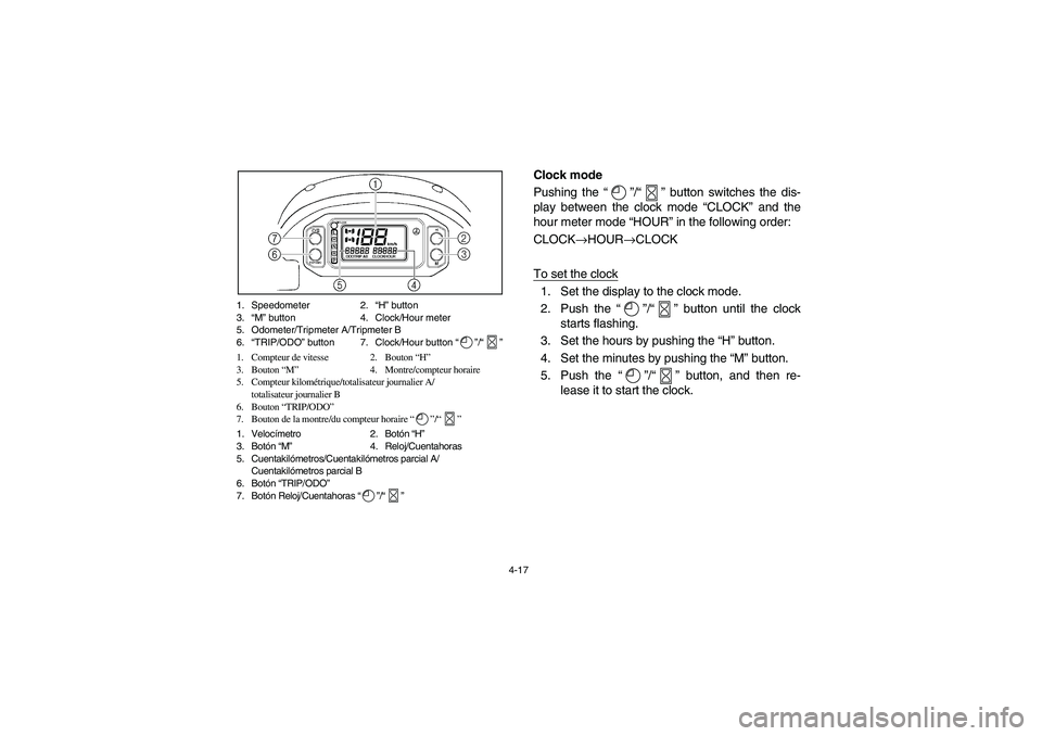 YAMAHA RHINO 660 2006  Owners Manual 4-17 1. Speedometer 2.“H” button
3.“M” button 4. Clock/Hour meter
5. Odometer/Tripmeter A/Tripmeter B
6.“TRIP/ODO” button 7. Clock/Hour button “”/“”
1. Compteur de vitesse 2. Bouto