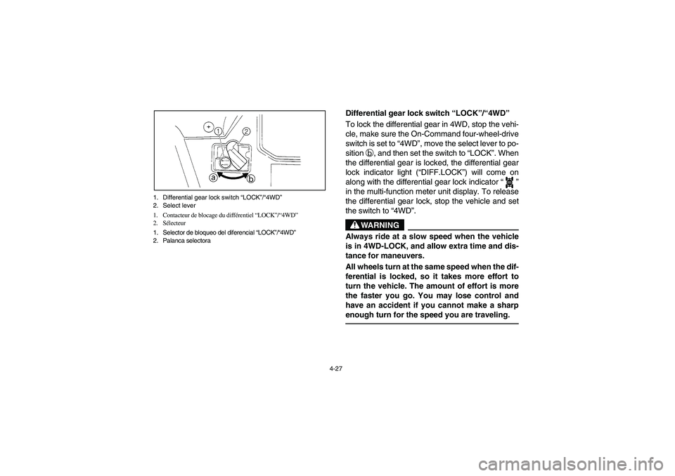 YAMAHA RHINO 660 2006  Owners Manual 4-27 1. Differential gear lock switch “LOCK”/“4WD” 
2. Select lever
1. Contacteur de blocage du différentiel “LOCK”/“4WD”
2. Sélecteur
1. Selector de bloqueo del diferencial “LOCK�