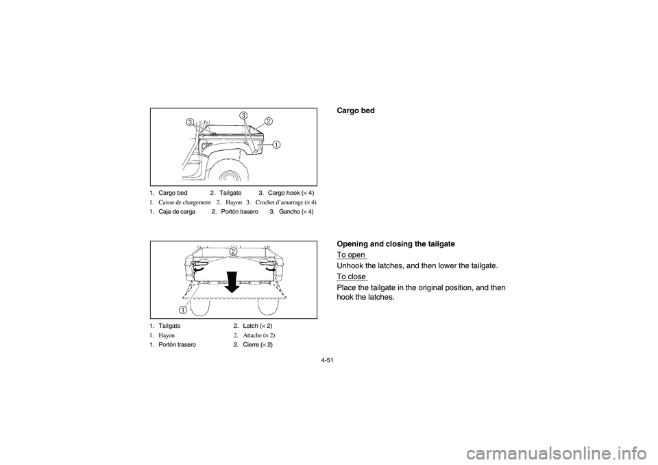 YAMAHA RHINO 660 2005 Notices Demploi (in French) 4-51 1. Cargo bed 2. Tailgate 3. Cargo hook (× 4)
1. Caisse de chargement 2. Hayon 3. Crochet d’amarrage (× 4)
1. Caja de carga 2. Portón trasero 3. Gancho (× 4)
1. Tailgate 2. Latch (× 2)
1. H YAMAHA RHINO 660 2005 Notices Demploi (in French) 4-51 1. Cargo bed 2. Tailgate 3. Cargo hook (× 4)
1. Caisse de chargement 2. Hayon 3. Crochet d’amarrage (× 4)
1. Caja de carga 2. Portón trasero 3. Gancho (× 4)
1. Tailgate 2. Latch (× 2)
1. H