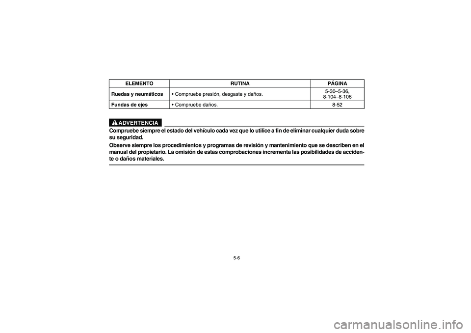 YAMAHA RHINO 660 2005 Notices Demploi (in French) 5-6
ADVERTENCIA
Compruebe siempre el estado del vehículo cada vez que lo utilice a fin de eliminar cualquier duda sobre
su seguridad.
Observe siempre los procedimientos y programas de revisión y man YAMAHA RHINO 660 2005 Notices Demploi (in French) 5-6
ADVERTENCIA
Compruebe siempre el estado del vehículo cada vez que lo utilice a fin de eliminar cualquier duda sobre
su seguridad.
Observe siempre los procedimientos y programas de revisión y man