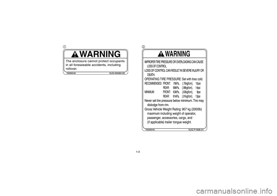 YAMAHA RHINO 660 2005  Owners Manual 1-3
1
YAMAHA 5UG-K8483-00
WARNING
The enclosure cannot protect occupants 
in all foreseeable accidents, including 
rollover.
2
YAMAHA 5UG-F1696-01
WARNING
IMPROPER TIRE PRESSURE OR OVERLOADING CAN CAU
