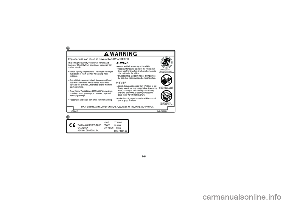 YAMAHA RHINO 660 2005  Owners Manual 1-6
8
9
  ALWAYS USE AN
  APPROVED HELMET
AND PROTECTIVE GEAR
NEVER USE ON PUBLIC   
 ROADS OR PAVEMENT
NEVER USE WITH
DRUGS OR ALCOHOL
WARNING
This off-highway utility vehicle will handle andmaneuver