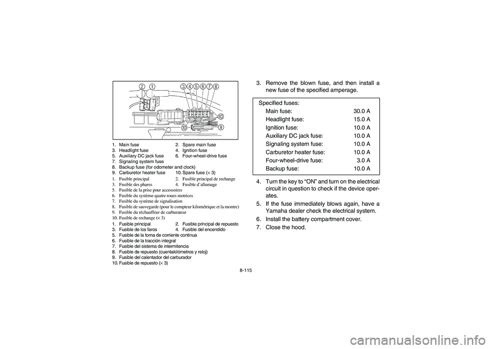YAMAHA RHINO 660 2005 Notices Demploi (in French) 8-115 1. Main fuse 2. Spare main fuse
3. Headlight fuse 4. Ignition fuse
5. Auxiliary DC jack fuse 6. Four-wheel-drive fuse
7. Signaling system fuse
8. Backup fuse (for odometer and clock)
9. Carburet YAMAHA RHINO 660 2005 Notices Demploi (in French) 8-115 1. Main fuse 2. Spare main fuse
3. Headlight fuse 4. Ignition fuse
5. Auxiliary DC jack fuse 6. Four-wheel-drive fuse
7. Signaling system fuse
8. Backup fuse (for odometer and clock)
9. Carburet