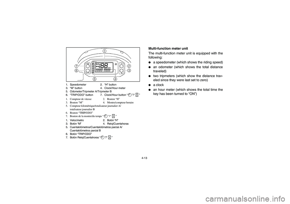 YAMAHA RHINO 660 2005  Notices Demploi (in French) 4-13 1. Speedometer 2.“H” button
3.“M” button 4. Clock/Hour meter
5. Odometer/Tripmeter A/Tripmeter B
6.“TRIP/ODO” button 7. Clock/Hour button “”/“”
1. Compteur de vitesse 2. Bouto