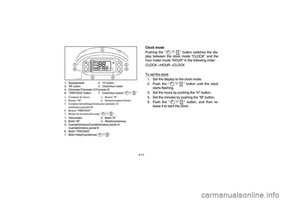 YAMAHA RHINO 660 2005  Notices Demploi (in French) 4-17 1. Speedometer 2.“H” button
3.“M” button 4. Clock/Hour meter
5. Odometer/Tripmeter A/Tripmeter B
6.“TRIP/ODO” button 7. Clock/Hour button “”/“”
1. Compteur de vitesse 2. Bouto