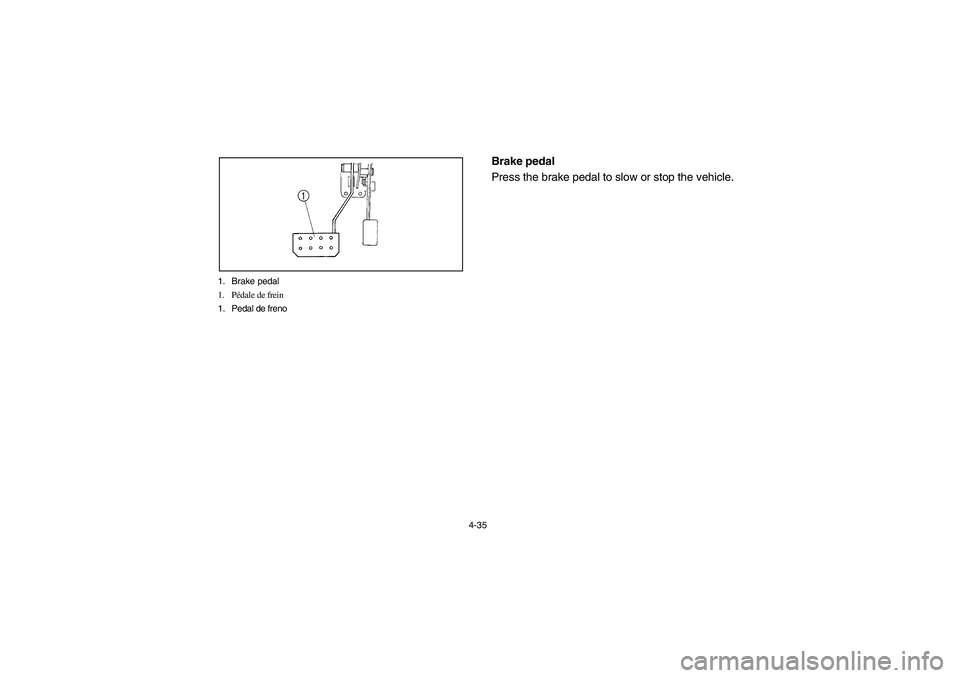 YAMAHA RHINO 660 2005  Notices Demploi (in French) 4-35 1. Brake pedal
1. Pédale de frein
1. Pedal de freno
EVU00270
Brake pedal 
Press the brake pedal to slow or stop the vehicle.
U5UG61.book  Page 35  Monday, September 6, 2004  9:00 AM 