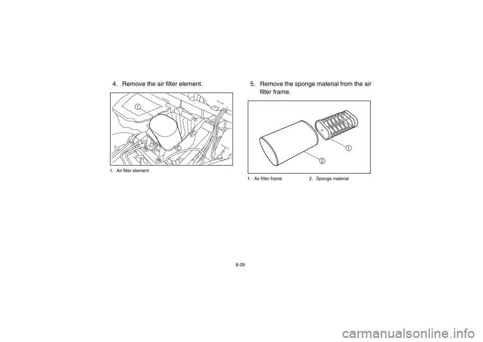 YAMAHA RHINO 700 2013 Owners Manual 8-29
4. Remove the air filter element.1. Air filter element
5. Remove the sponge material from the airfilter frame.1. Air filter frame 2. Sponge material
1
2
1
1RB7A_EE.book Page 29 Tuesday, April 2 YAMAHA RHINO 700 2013 Owners Manual 8-29
4. Remove the air filter element.1. Air filter element
5. Remove the sponge material from the airfilter frame.1. Air filter frame 2. Sponge material
1
2
1
1RB7A_EE.book Page 29 Tuesday, April 2