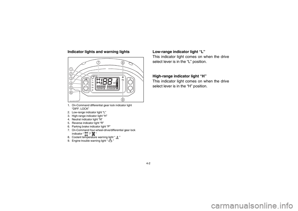 YAMAHA RHINO 700 2013 Owners Guide 4-2
EVU00150Indicator lights and warning lights1. On-Command differential gear lock indicator light “DIFF. LOCK”
2. Low-range indicator light “L”
3. High-range indicator light “H”
4. Neutr YAMAHA RHINO 700 2013 Owners Guide 4-2
EVU00150Indicator lights and warning lights1. On-Command differential gear lock indicator light “DIFF. LOCK”
2. Low-range indicator light “L”
3. High-range indicator light “H”
4. Neutr