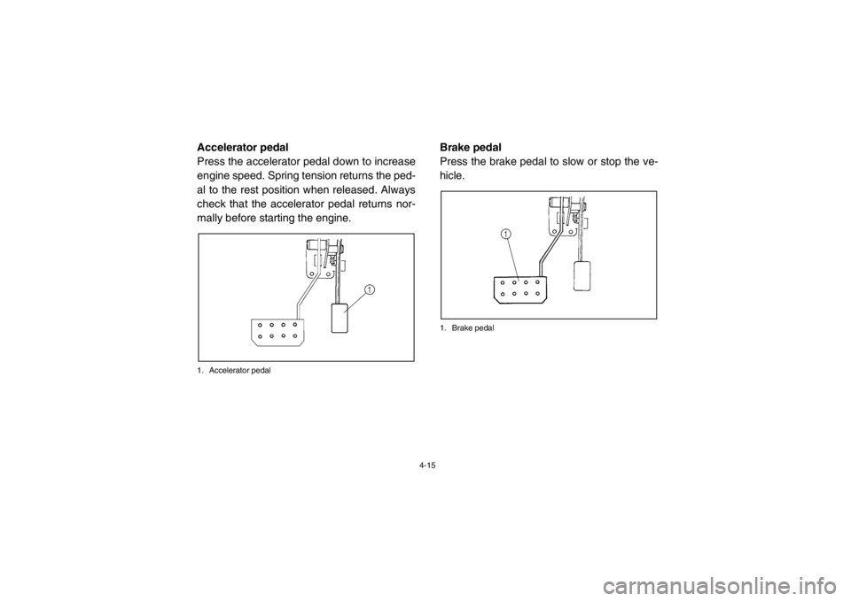 YAMAHA RHINO 700 2013 Service Manual 4-15
EVU00260Accelerator pedal
Press the accelerator pedal down to increase
engine speed. Spring tension returns the ped-
al to the rest position when released. Always
check that the accelerator pedal