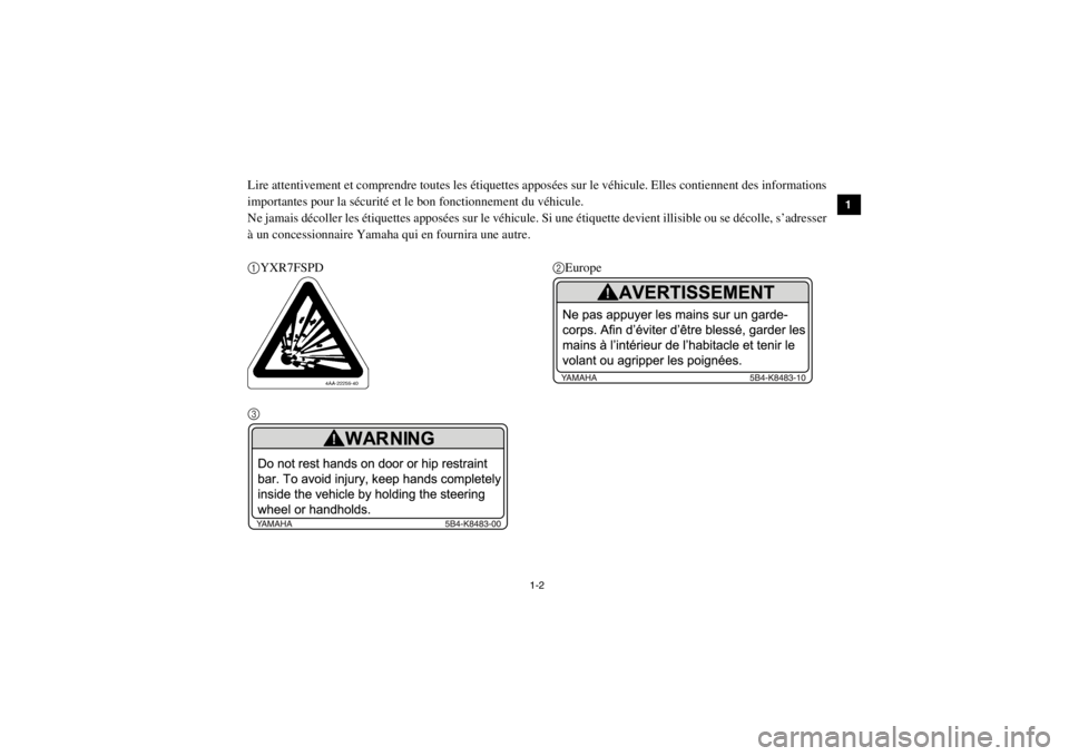 YAMAHA RHINO 700 2013  Notices Demploi (in French) 1-2
1
2
3
4
5
6
7
8
9
10
11
12
13
14
Lire attentivement et comprendre toutes les étiquettes apposées sur le véhicule. Elles contiennent des informations
importantes pour la sécurité et le bon fon