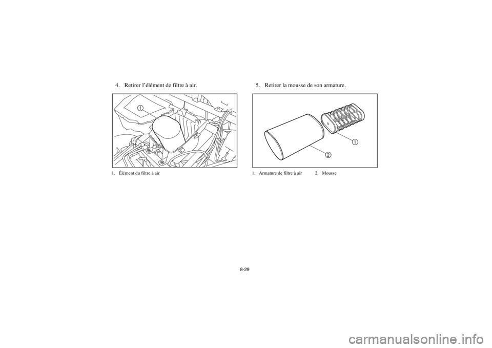 YAMAHA RHINO 700 2013  Notices Demploi (in French) 8-29
4. Retirer l’élément de filtre à air.1. Élément du filtre à air
5. Retirer la mousse de son armature.1. Armature de filtre à air 2. Mousse
1
2
1
1RB7A_FF.book  Page 29  Tuesday, April 24