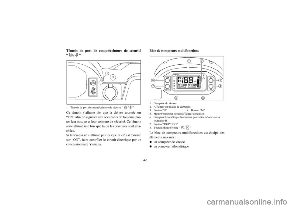YAMAHA RHINO 700 2013 Notices Demploi (in French) 4-6
Témoin de port de casque/ceinture de sécurité
“/”1. Témoin de port de casque/ceinture de sécurité “ / ”Ce témoin s’allume dès que la clé est tournée sur
“ON” afin de signal YAMAHA RHINO 700 2013 Notices Demploi (in French) 4-6
Témoin de port de casque/ceinture de sécurité
“/”1. Témoin de port de casque/ceinture de sécurité “ / ”Ce témoin s’allume dès que la clé est tournée sur
“ON” afin de signal