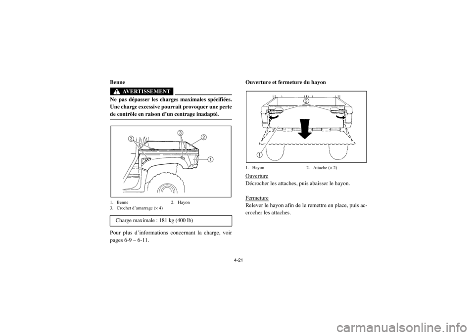 YAMAHA RHINO 700 2013 Notices Demploi (in French) 4-21
FVU00351Benne
AVERTISSEMENT
Ne pas dépasser les charges maximales spécifiées.
Une charge excessive pourrait provoquer une perte
de contrôle en raison d’un centrage inadapté.1. Benne2. Hayo YAMAHA RHINO 700 2013 Notices Demploi (in French) 4-21
FVU00351Benne
AVERTISSEMENT
Ne pas dépasser les charges maximales spécifiées.
Une charge excessive pourrait provoquer une perte
de contrôle en raison d’un centrage inadapté.1. Benne2. Hayo