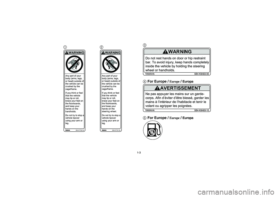 YAMAHA RHINO 700 2012 Owners Manual 1-3
123
4For Europe /
Europe
/ Europa
5For Europe /
Europe
/ Europa
Any part of your
body (arms, legs,
or head) outside of
the vehicle can be
crushed by the
cage/frame.
If you think or feel
that t YAMAHA RHINO 700 2012 Owners Manual 1-3
123
4For Europe /
Europe
/ Europa
5For Europe /
Europe
/ Europa
Any part of your
body (arms, legs,
or head) outside of
the vehicle can be
crushed by the
cage/frame.
If you think or feel
that t