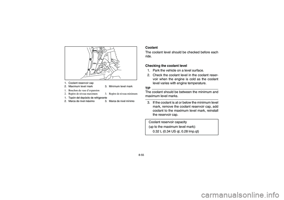 YAMAHA RHINO 700 2012  Manuale de Empleo (in Spanish) 8-55 1. Coolant reservoir cap
2. Maximum level mark 3. Minimum level mark
1. Bouchon du vase d’expansion
2. Repère de niveau maximum 3. Repère de niveau minimum
1. Tapón del depósito de refriger