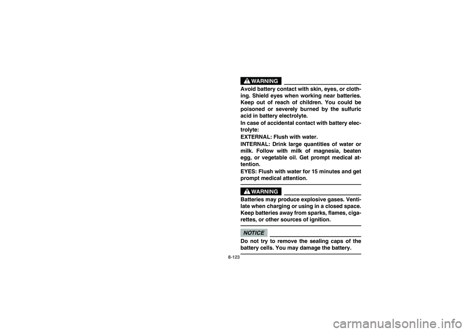 YAMAHA RHINO 700 2012  Owners Manual 8-123
WARNING
Avoid battery contact with skin, eyes, or cloth-
ing. Shield eyes when working near batteries.
Keep out of reach of children. You could be
poisoned or severely burned by the sulfuric
aci