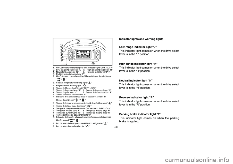 YAMAHA RHINO 700 2012 Notices Demploi (in French) 4-3
1. On-Command differential gear lock indicator light “DIFF. LOCK”
2. Low-range indicator light “L”3. High-range indicator light “H”
4. Neutral indicator light “N”5. Reverse indicat YAMAHA RHINO 700 2012 Notices Demploi (in French) 4-3
1. On-Command differential gear lock indicator light “DIFF. LOCK”
2. Low-range indicator light “L”3. High-range indicator light “H”
4. Neutral indicator light “N”5. Reverse indicat