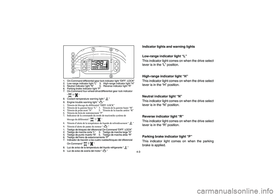 YAMAHA RHINO 700 2012  Notices Demploi (in French) 4-3
1. On-Command differential gear lock indicator light “DIFF. LOCK”
2. Low-range indicator light “L”3. High-range indicator light “H”
4. Neutral indicator light “N”5. Reverse indicat