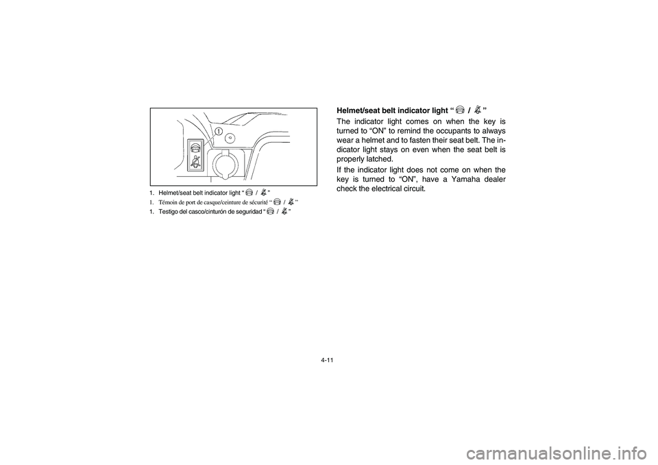 YAMAHA RHINO 700 2012 Manual PDF 4-11 1. Helmet/seat belt indicator light “ / ”
1. Témoin de port de casque/ceinture de sécurité “ / ”
1. Testigo del casco/cinturón de seguridad “ / ”
Helmet/seat belt indicator light 
