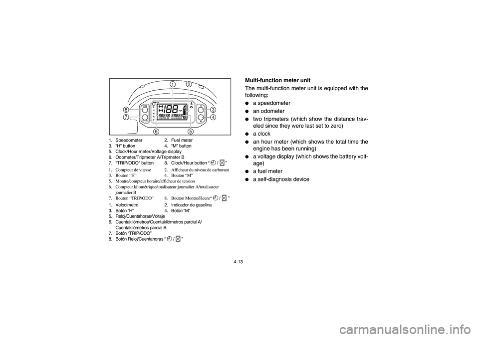 YAMAHA RHINO 700 2012 Manual PDF 4-13 1. Speedometer 2. Fuel meter
3.“H” button 4.“M” button
5. Clock/Hour meter/Voltage display
6. Odometer/Tripmeter A/Tripmeter B
7.“TRIP/ODO” button 8. Clock/Hour button “/”
1. Comp