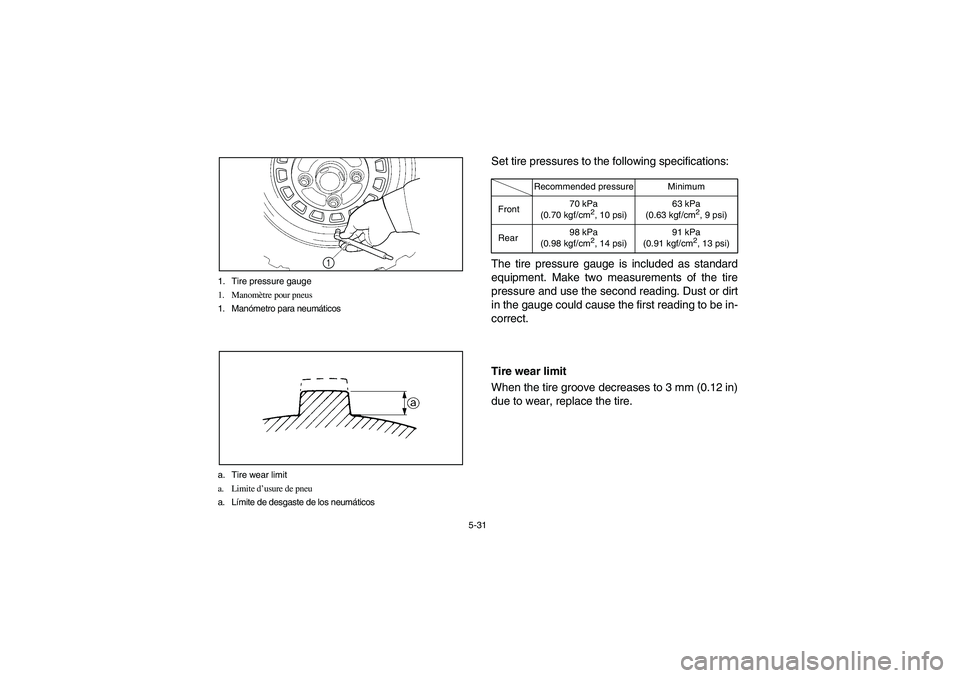 YAMAHA RHINO 700 2010  Notices Demploi (in French) 5-31 1. Tire pressure gauge
1. Manomètre pour pneus
1. Manómetro para neumáticos
1
a. Tire wear limit
a. Limite d’usure de pneu
a. Límite de desgaste de los neumáticos
Set tire pressures to the
