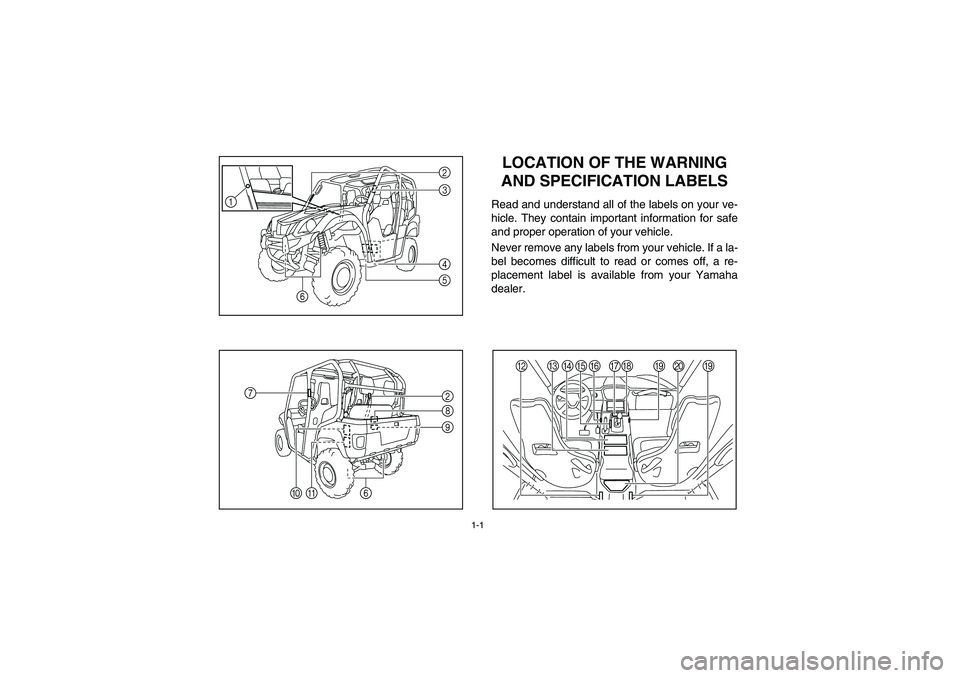 YAMAHA RHINO 700 2010 Notices Demploi (in French) 1-1
EVU00060
1 -LOCATION OF THE WARNING
AND SPECIFICATION LABELSRead and understand all of the labels on your ve-
hicle. They contain important information for safe
and proper operation of your vehic YAMAHA RHINO 700 2010 Notices Demploi (in French) 1-1
EVU00060
1 -LOCATION OF THE WARNING
AND SPECIFICATION LABELSRead and understand all of the labels on your ve-
hicle. They contain important information for safe
and proper operation of your vehic