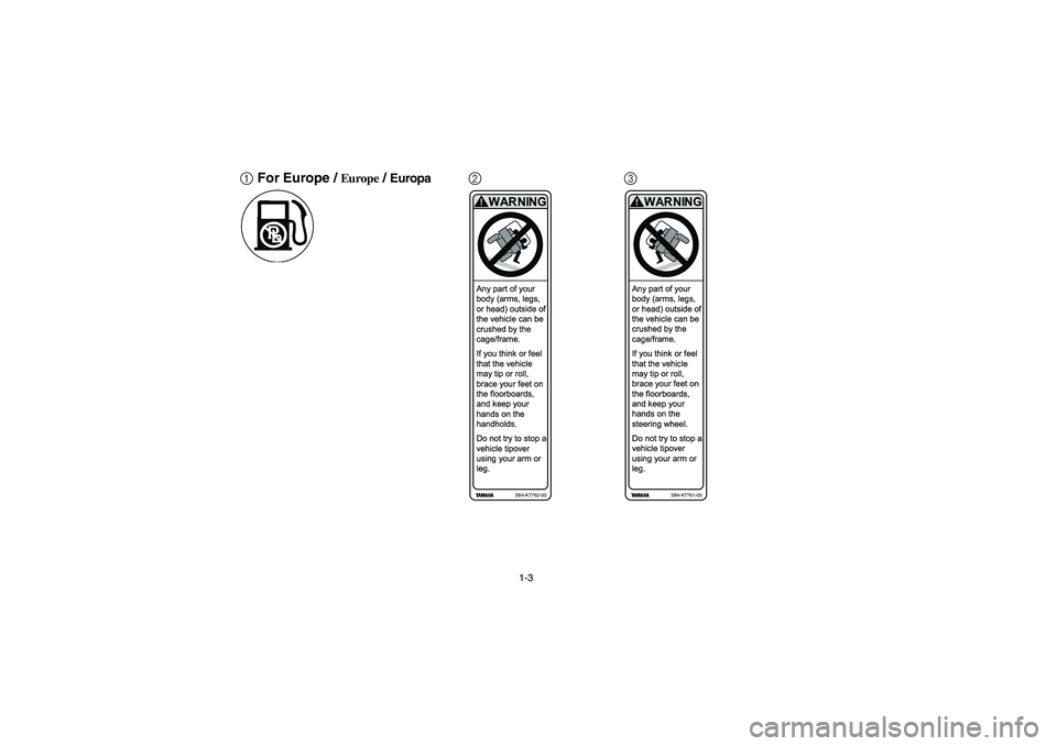 YAMAHA RHINO 700 2010  Notices Demploi (in French) 1-3
1For Europe / 
Europe
 / Europa
2Any part of your
body (arms, legs,
or head) outside of
the vehicle can be
crushed by the
cage/frame.
If you think or feel
that the vehicle
may tip or roll,
brace y