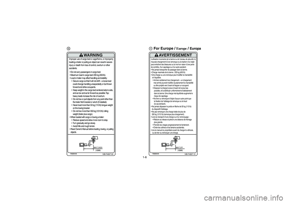 YAMAHA RHINO 700 2010 Notices Demploi (in French) 1-6
0AFor Europe /
Europe
/ Europa
WARNING
Improper use of cargo bed or cage/frame, or improperly
loading a trailer or pulling an object can result in severe
injury or death from loss of control, o YAMAHA RHINO 700 2010 Notices Demploi (in French) 1-6
0AFor Europe /
Europe
/ Europa
WARNING
Improper use of cargo bed or cage/frame, or improperly
loading a trailer or pulling an object can result in severe
injury or death from loss of control, o