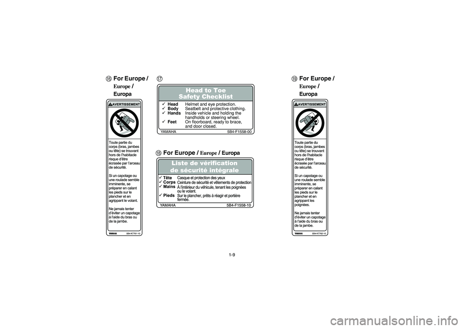 YAMAHA RHINO 700 2010  Notices Demploi (in French) 1-9
FFor Europe / 
Europe
 / 
Europa
GYAMAHA 5B4-F1558-00
Head to Toe
Safety Checklist
üHeadHelmet and eye protection.
üBodySeatbelt and protective clothing.
üHandsInside vehicle and holding the 
h