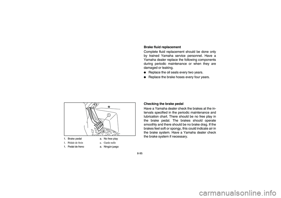 YAMAHA RHINO 700 2010  Manuale de Empleo (in Spanish) 8-95 1. Brake pedal a. No free play
1. Pédale de frein a. Garde nulle
1. Pedal de freno a. Ningún juego
1
a
EVU00860
Brake fluid replacement
Complete fluid replacement should be done only
by trained
