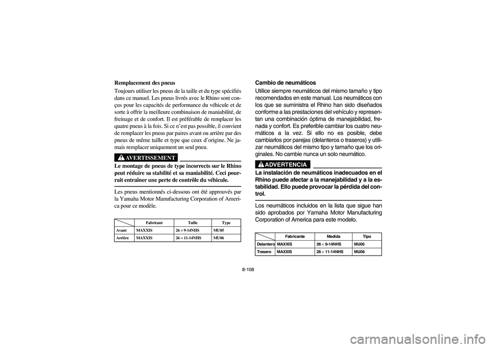 YAMAHA RHINO 700 2010  Manuale de Empleo (in Spanish) 8-108
Remplacement des pneus
Toujours utiliser les pneus de la taille et du type spécifiés
dans ce manuel. Les pneus livrés avec le Rhino sont con-
çus pour les capacités de performance du véhic