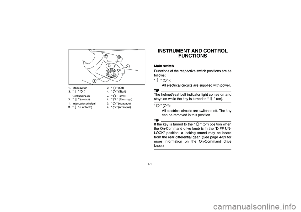 YAMAHA RHINO 700 2010  Notices Demploi (in French) 4-1 1. Main switch 2.“” (Off)
3.“” (On) 4.“” (Start)
1. Contacteur à clé2.“” (arrêt)
3.“” (contact) 4.“” (démarrage)
1. Interruptor principal 2.“” (Apagado)
3.“” (C
