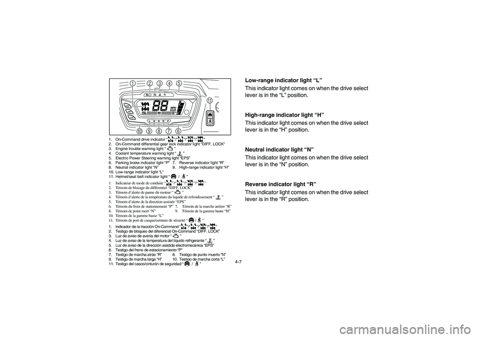 YAMAHA RHINO 700 2010  Manuale de Empleo (in Spanish) 4-7
1. On-Command drive indicator “”/“”/“”/“”
2. On-Command differential gear lock indicator light “DIFF. LOCK”
3. Engine trouble warning light “”
4. Coolant temperature warnin